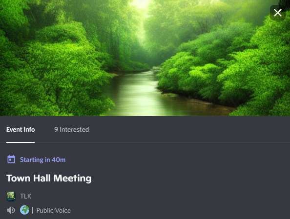Our next Town Hall meeting is in 40 minutes.

Join public chat on discord &amp; listen to a reading of our newest lore stories.

Learn how to burn TLK tokens to generate the best AI artwork for lore and win tokens!