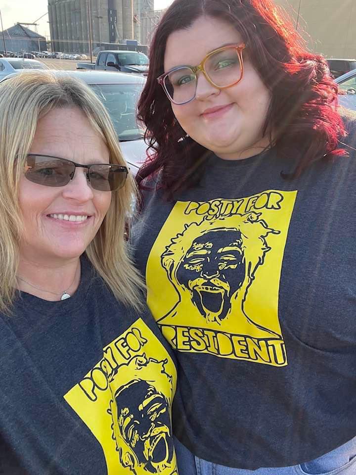 RianKerney's tweet photo. @PostMalone So so glad you are ok! We love you so much! Me and my mom have been worried sick all night🥺 we had the best time seeing you for the 2nd time! Can’t wait to see you again❤️ ps my mom made these really cool shirts for last night! https://t.co/yuM9cR5Gcf