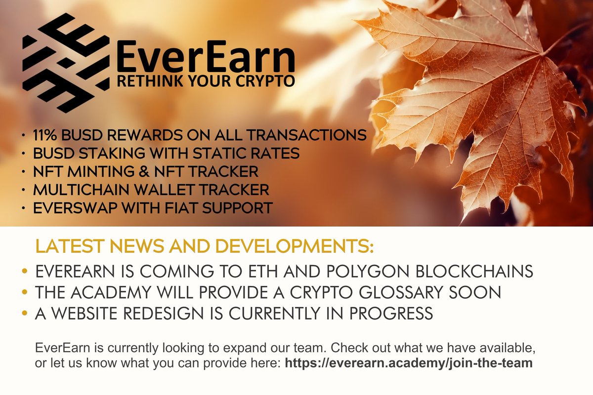 I'm very excited to see where this journey will lead for #EverEarn with this 3 coming updates.
 1. $Earn on #ETH and #Polygon blockchains
2. Crypto glossary on everearn.academy
3. Website rebranding.

Buying rn would be a wise choice.
#btc #bnb #busd #BSC
#BSCGems #100xGem