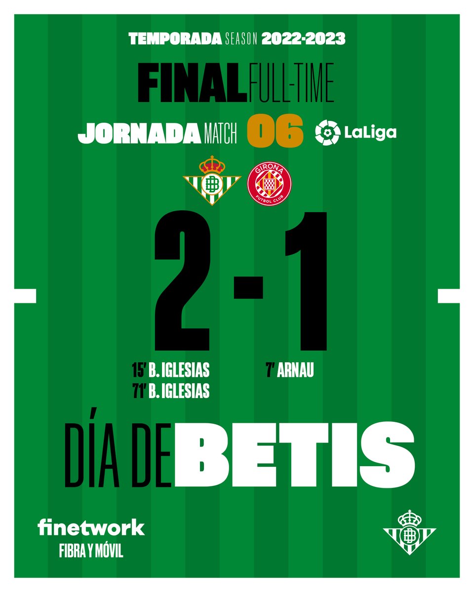 96' ⏱⚽️ ¡¡¡FINAAAAAAAAAL!!! 👏👏👏 ¡Final del partido con victoria verdiblanca en el Villamarín! 💚🖤 #RealBetisGirona 🔴⚪ #DíaDeBetis
