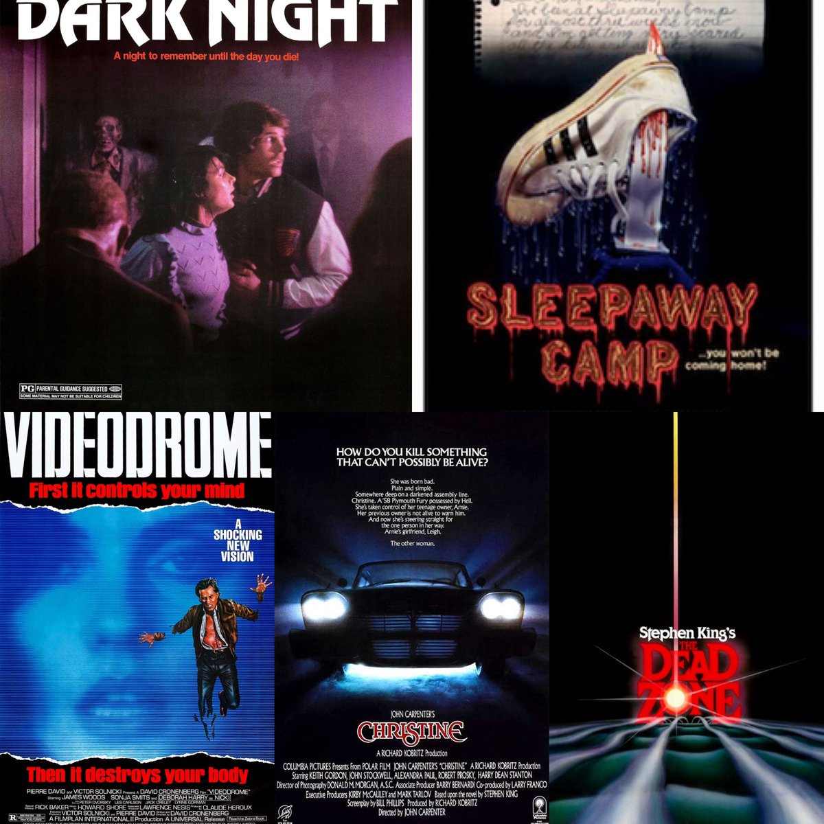 z3roboy's tweet photo. I present, for no particular reason, my top 5 horror films of 1983, the year I was born.

https://t.co/fInQsVgzUI

#1980s #faceofhorror #HorrorMovies #horrorfam #mutantfam #onedarknight #videodrome #sleepawaycamp #christine #thedeadzone https://t.co/gGUU9fk1ZS