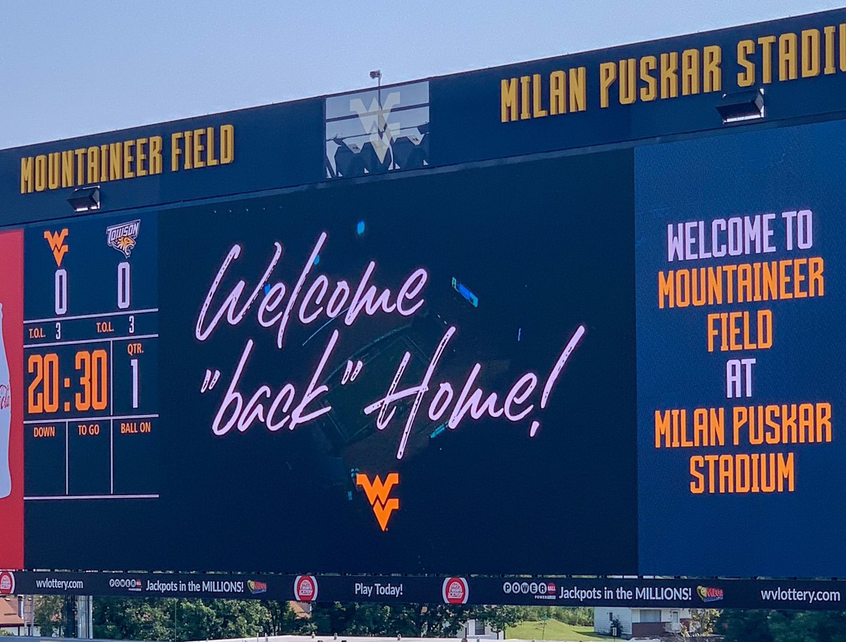 KDFisher02's tweet photo. Made it to our first @WVUfootball home game since Oct 2019 yesterday. And what a perfect “Welcome ‘Back’ Home” game it was💛🏈💙 #HailWV #WVUGame #WVUFootball #LetsGoMountaineers https://t.co/H4RXeH4HRf