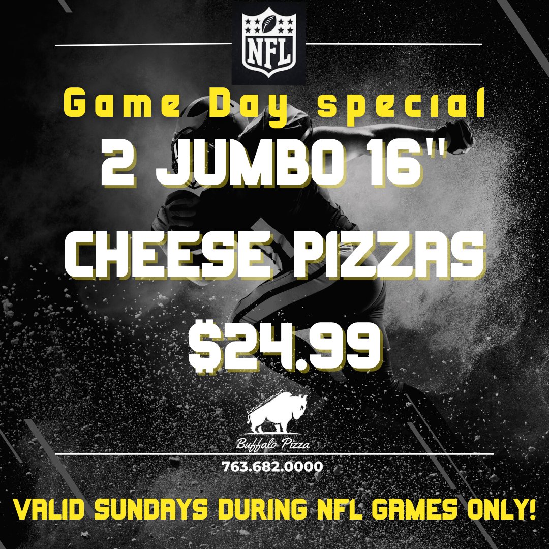 BuffaloPizzaMN's tweet photo. 🏈Every Sunday during NFL Football games
🦬🍕 Game Day Special!
https://t.co/eCx1u9tiIC 
763-682-0000 #pizza #pizzadelivery #Vikings #Minnesota #mnvikings #NFL https://t.co/wsumHwvmMz