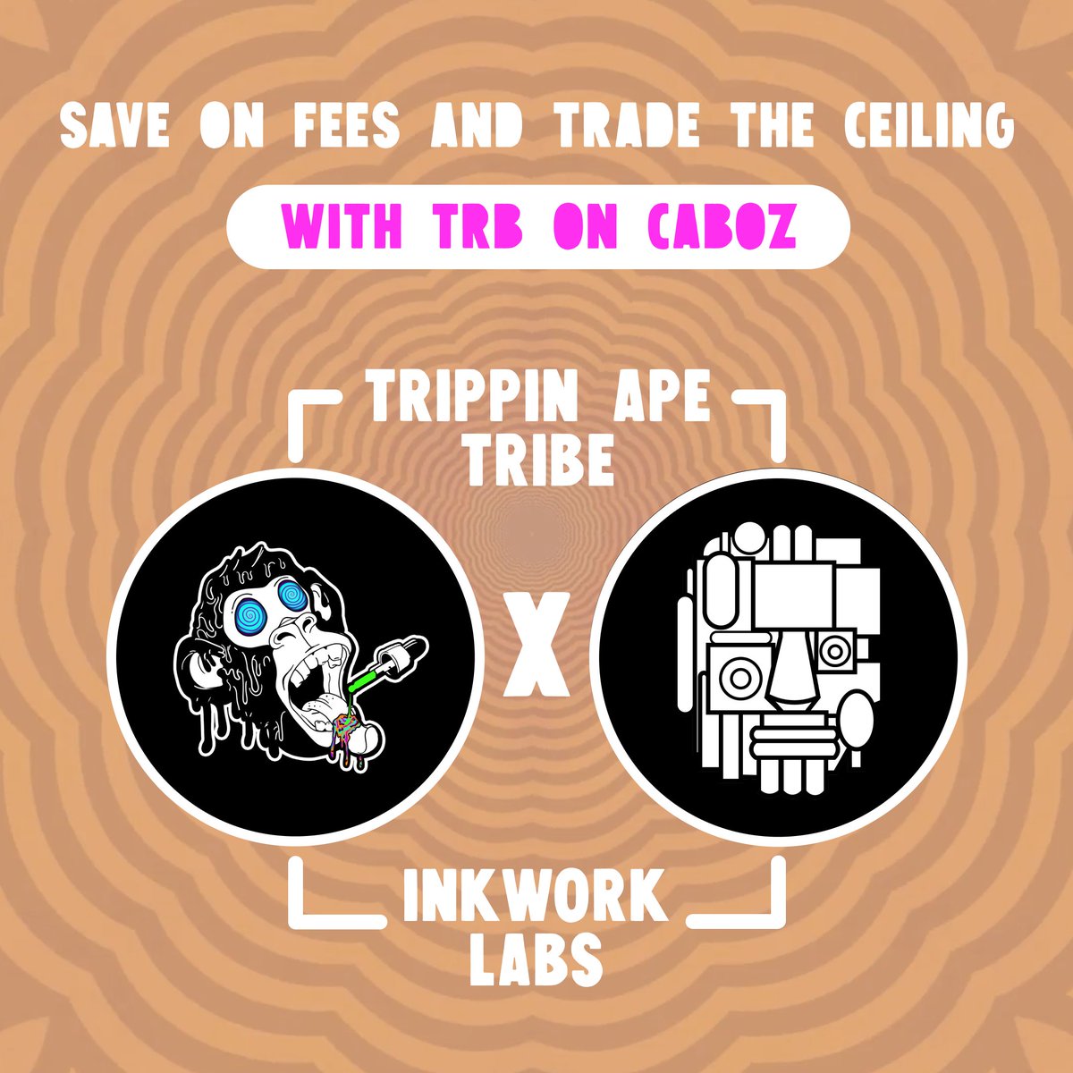 Trippin’ Ape Tribe (@trippinapenft) on Twitter photo You've swept the floor. But have you ever traded the ceiling?
The Tribe will be able to trade NFTs on <a href="/InkworkLabs/">Inkwork Labs</a>' upcoming marketplace, CABOZ, with preferred order execution, discounted marketplace fees, and the option to pay in $TRB.
Full partnership details in Discord 🌀🌀 You've swept the floor. But have you ever traded the ceiling?
The Tribe will be able to trade NFTs on <a href="/InkworkLabs/">Inkwork Labs</a>' upcoming marketplace, CABOZ, with preferred order execution, discounted marketplace fees, and the option to pay in $TRB.
Full partnership details in Discord 🌀🌀