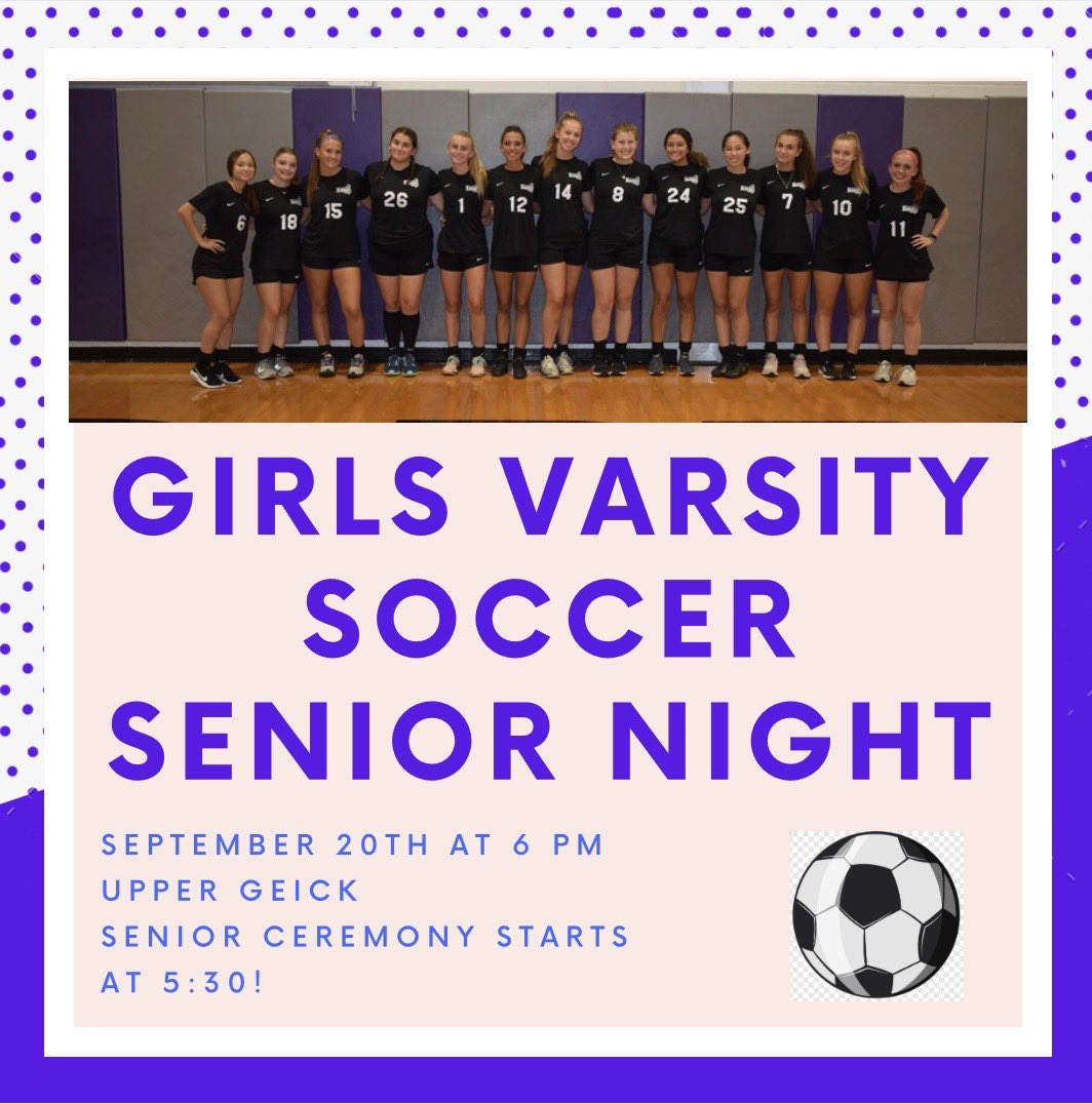 OBHSGirlsSoccer's tweet photo. Our Senior Night is here! Come out to support our 13 AMAZING Seniors this Tuesday night at 6:00 on Upper Geick as we take on Edison! Get there early for the pregame ceremony! #GoKnights 🖤💜⚽️@DiMino_AD @GNCenglishteach https://t.co/xXf2qIfrZ0