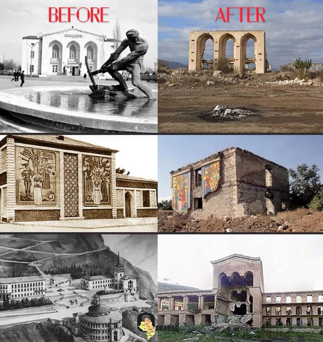 AzadaMammadzada's tweet photo. Armenian Vandalism. In photos, you see monuments in Azerbaijani occupied territories before Armenian occupation and after this. Where were you when these vandalism happened? Where were you when Azerbaijani territories occupied by Armenia? #NoPelosi See the reality,@SpeakerPelosi https://t.co/ALl3kj63RG
