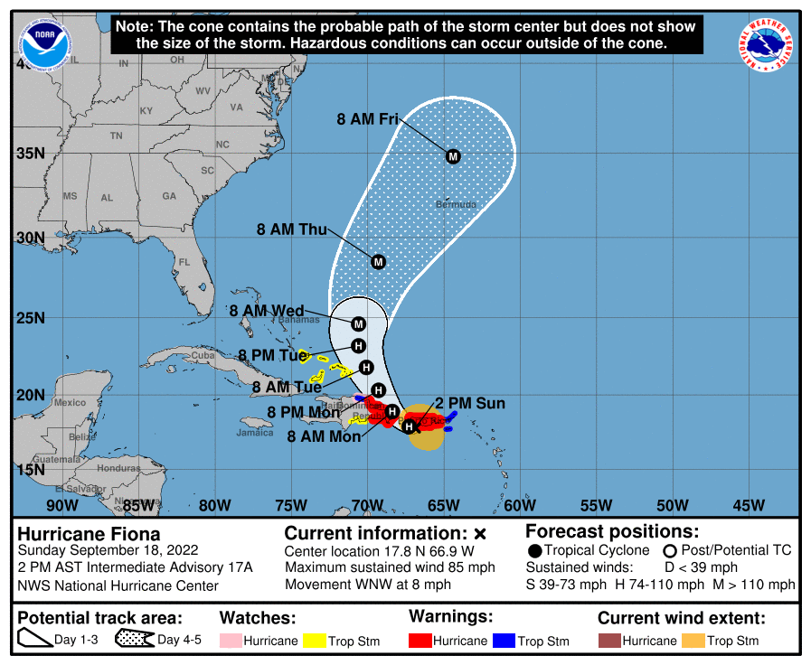 Not sure which #Fiona number is worse, 85 or 8.  The 85 mph intensity has led to winds causing an island-wide power outage in Puerto Rico, and the 8 mph forward speed is #CategorySlow and will cause excessive rainfall totals with life-threatening flood and mudslide risk.