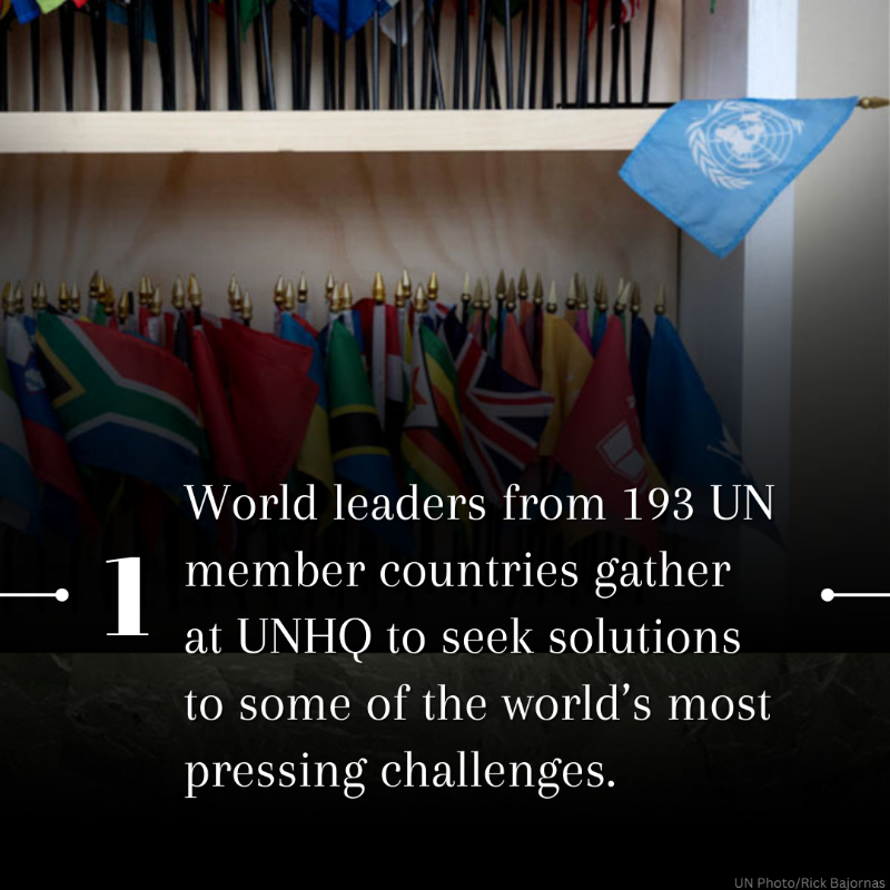 UN's tweet photo. Every year, leaders gather at UNHQ for the General Assembly, where they take on some of the biggest challenges facing our world today.

Swipe through to learn some fast facts about #UNGA, the busiest diplomatic week of the year!