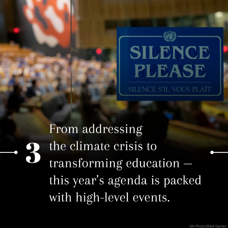 UN's tweet photo. Every year, leaders gather at UNHQ for the General Assembly, where they take on some of the biggest challenges facing our world today.

Swipe through to learn some fast facts about #UNGA, the busiest diplomatic week of the year!