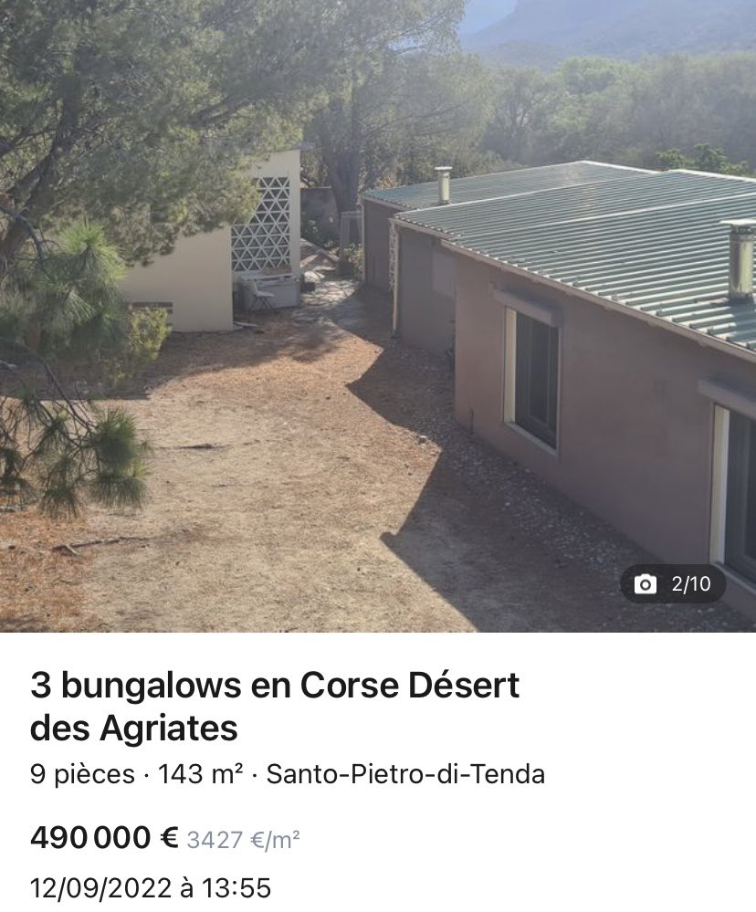 #Balagna 
Lot de 3 bungalows (état correct) : 
- 1 de 42m2
- 1 de 45m2
- 1 de 55m2
Sur un gigantesque terrain de 500m2

Le prix est de….🥁 🥁🥁… 490 000€

Dépêchez-vous, à ce prix c’est donné.
