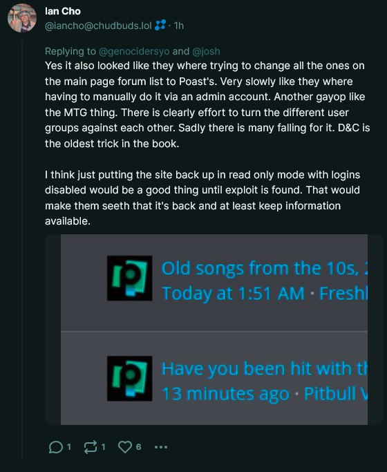 To anyone wondering what the avatars were changed to during the Kiwi Farms hack, wonder no more. Here's a cope poast from Poast detailing what happened.