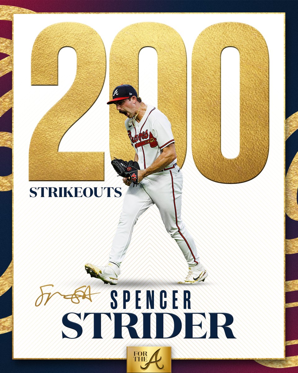 Braves's tweet image. .@SpencerSTRIDer just became the third rookie in #Braves franchise history to reach 200 strikeouts in a season!

#ForTheA