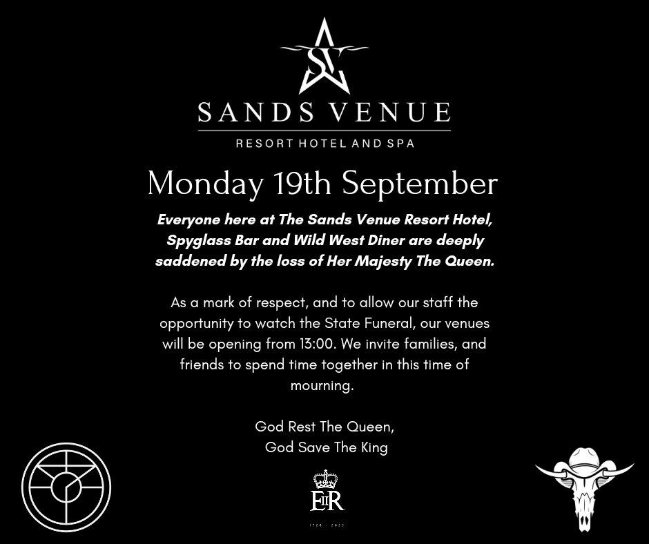 We will be opening our venues later tomorrow to allow staff the opportunity to watch the State Funeral. We will open from 1300. We open as a place for friends, and families to spend time together in this time of national mourning. Thank you for your understanding.