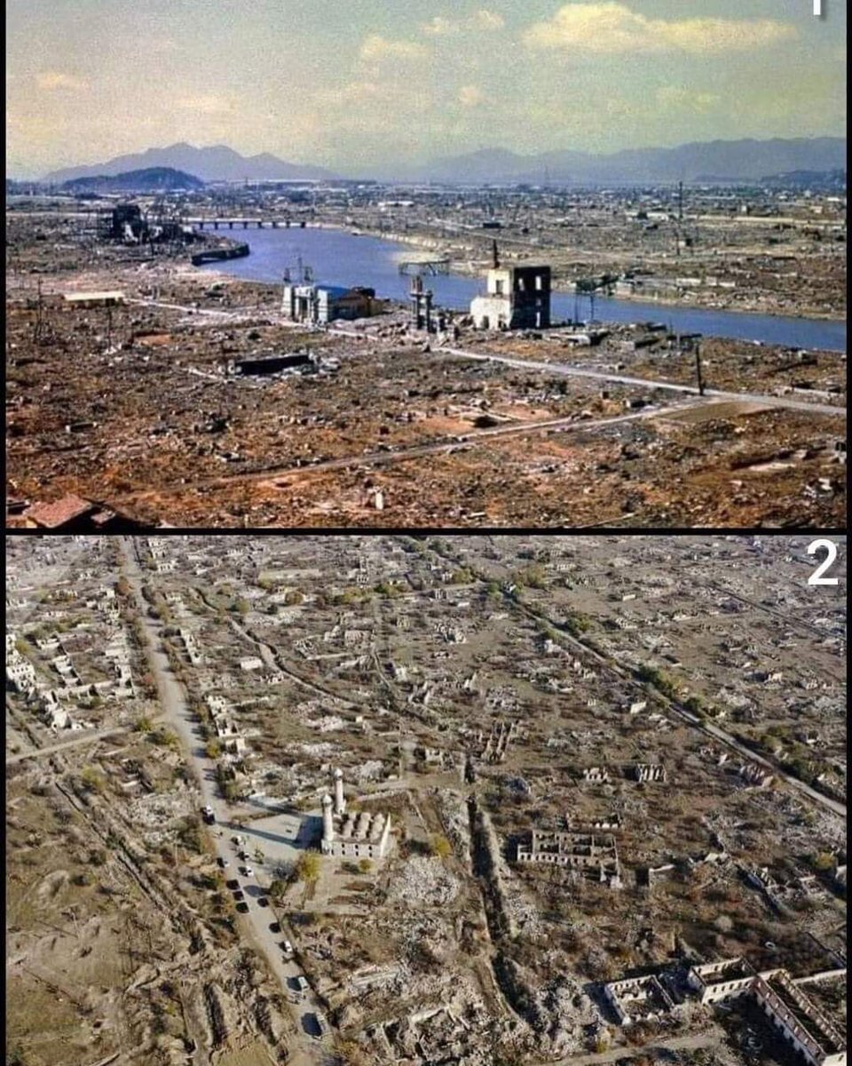 IskandarRashad's tweet photo. The first photo is Hiroshima after the atomic bomb’s explosion. The second photo is Agdam after the 27 year Armenian occupation.

#didyouseethat
#NoPelosi 
#ArmenianTerror https://t.co/mqkJcRxJqI