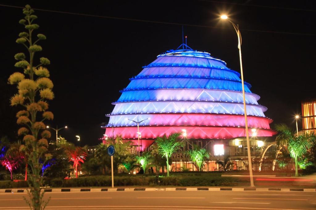 NewTimesRwanda's tweet photo. JUST IN: The Kigali Convention Centre dome lits in red, white and blue tonight as #Rwanda joins the United Kingdom for a moment of national reflection in honour of Queen Elisabeth II. https://t.co/tRzN2hIGS3
