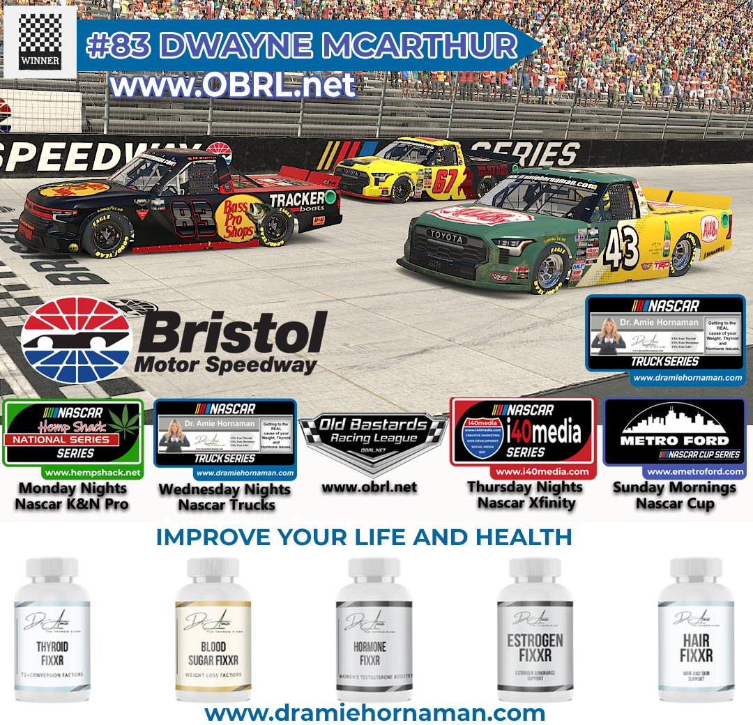 i40media's tweet photo. Dwayne Mcarthur #83 Bass Pro Shops Chevy Silverado Wins The Old Bastards Racing League NASCAR iRacing  Dr. Amie Hornaman  Truck Series Race at Bristol Motor Speedway!

Chris Bates #43  Finished 2nd
Steve Thomson #67 Finished 3rd

Race Results by Sim… https://t.co/ggf7cJDm7I https://t.co/7ceotgOG3r