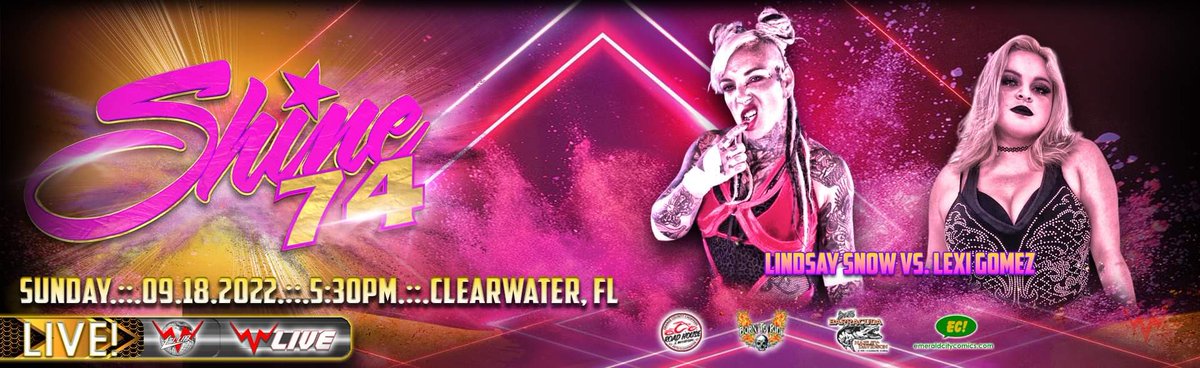 TODAY!! #SHINE74 

<a href="/thefloridamaam/">Lindsay Snow</a> vs. <a href="/lexi_gomez_/">𝓛𝓮𝔁𝓲 𝓖𝓸𝓶𝓮𝔃</a> 
Doors Open – 4:30 PM EDT
Bell Time – 5:30 PM EDT

Tickets available at RoadHouseNation.com 

iPPV available at WWNLive.com 

#WomensWrestling #WWN