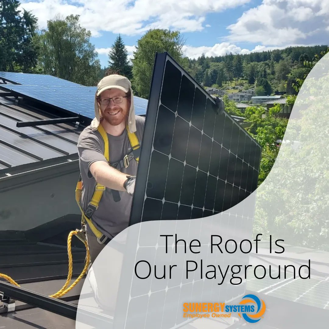 SunergySystems's tweet photo. The Roof Is Our Playground. Our team loves to soak in the beautiful views of Washington State while installing solar! #solarroof #homesweethome #washingtonstate https://t.co/AV7fZrMPA3