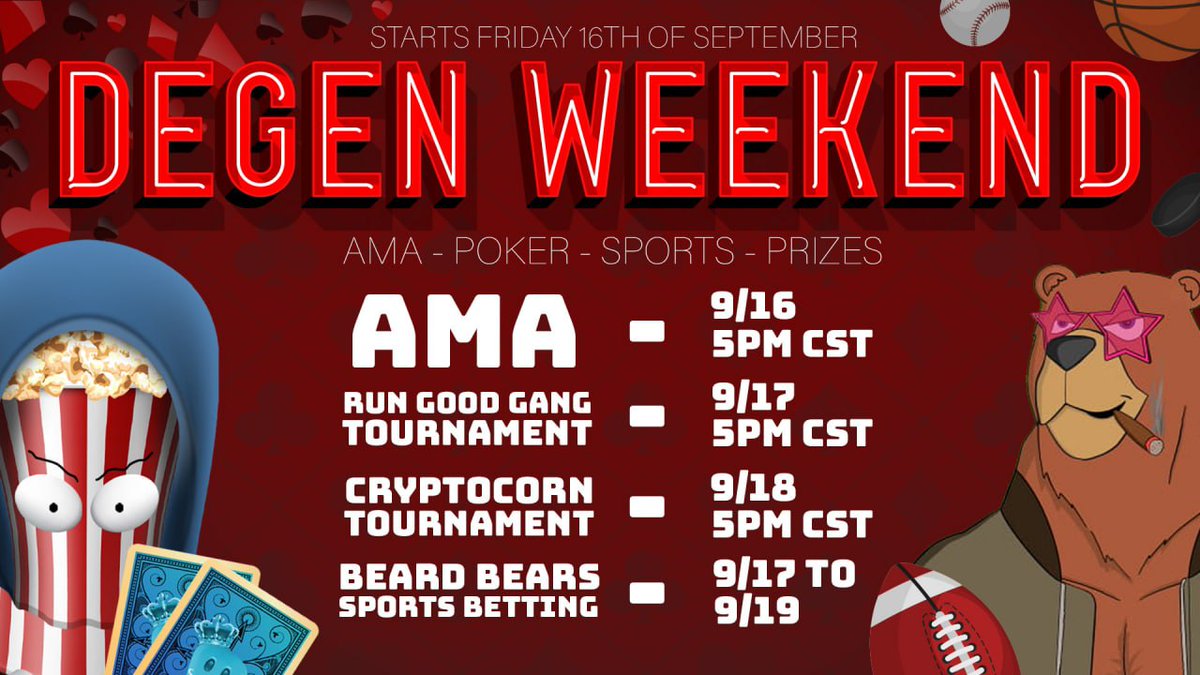 🍿🃏Final Degen Tournament 🃏🍿

Degen wknd is coming to a close but we have one final poker blowout... and its a doozie!

🔥15 amazing projects - Top 35 win prizes!🎁

🗓 Today at 5pm CST

Club GG id: 128818

🍿discord.gg/cryptocorn🍿

🎥Live stream <a href="/KingDomeNFT/">KingDomeNFT</a>

#NFTartist