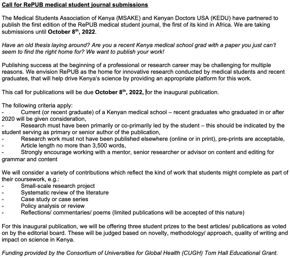 SCORE_Ke's tweet photo. Hello there research enthusiasts🥳👋🏾
We are delighted to inform you of MSAKE-SCORE's maiden partnership with Kenyan Doctors in USA(KEDU) in creating a research journal.
We are therefore calling for submissions.
Read the document for more details regarding the same.
📅8/10/22 https://t.co/KJ7QnSftqn