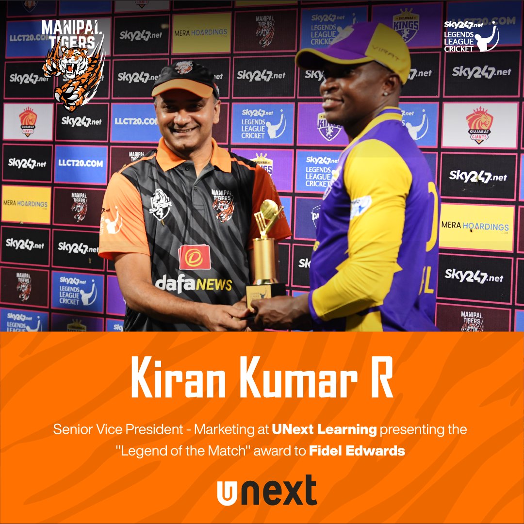 Here's the 'Legend of the Match' award is being presented to Fidel Edwards by Kiran Kumar R, Senior Vice President, Marketing at UNext Learning. @manipal_tigers @llct20 #ManipalTigers #LegendsLeagueCricket #LLCT20 #BossLogonKaGame #indiancricket #cricketlovers #cricketfans