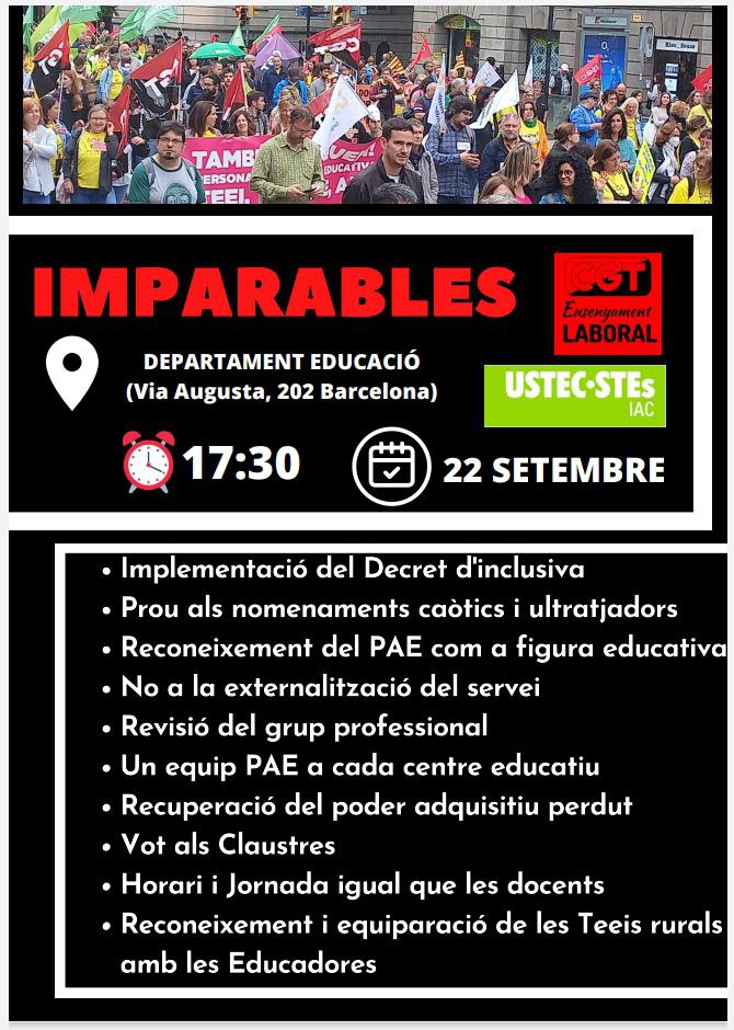 El personal #PAE #imparable 

🔴 Concentració dijous 22 de setembre
🕠 17:30h
📍<a href="/educaciocat/">Educació</a> Via Augusta 202

#CapInfantsenseTEEI
#CapInfantsenseEEE
#CapInfantsenseTIS
#CapInfantsenseAEE

<a href="/JosepGCambray/">Josep G. Cambray</a>
<a href="/affac_cat/">aFFaC</a>