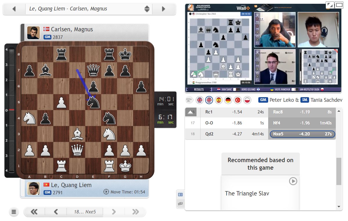 chess24com's tweet photo. Carlsen seems to be cruising, as he gors 18...Nxe5! #ChessChamps https://t.co/rN1nVSINcl https://t.co/bmA8oNRmY4