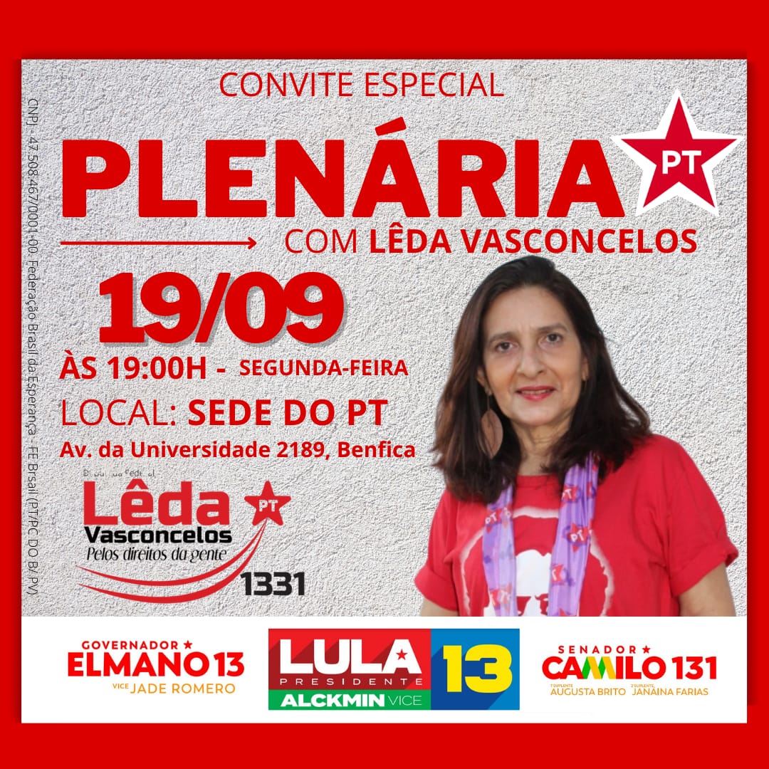 ledaDAPCeara's tweet photo. Amanhã, às 19:00, na sede do PT, faremos nossa Plenária pra reta final da campanha. Vem com a gente. 💪#Lêda1331deputadafederal #pelosdireitosdagente
#lula13 #Lulanoprimeiroturno #Elmano13  #Camilo131 #Timedo13 

Propaganda eleitoral- Lêda Vasconcelos- PT- CNPJ 47.508.467/0001-00 https://t.co/hotgdTLG2i