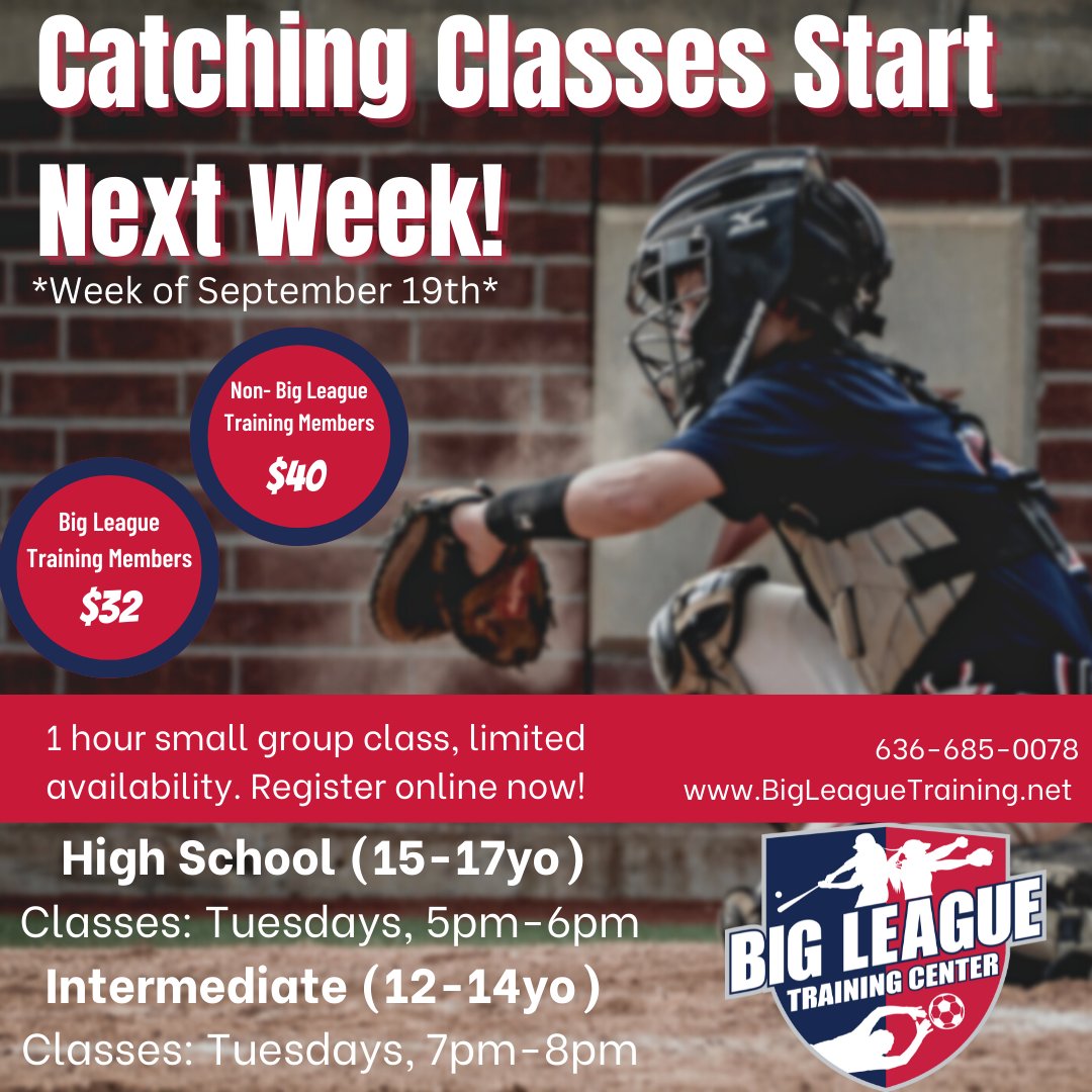 BigLeague_Train's tweet photo. Catching classes start this week, September 19th! Register online at https://t.co/DR5yfwF2MD or give us a call at 636-685-0078 with any questions. Only $32 per class for Big League Training Members, ask how you can become a member and save on camps, classes and more! https://t.co/U9M1gYIPBD