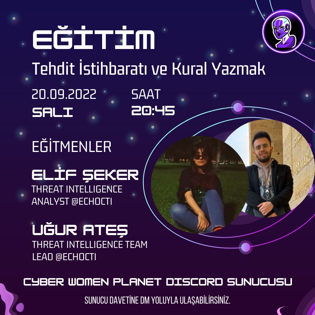20 Eylül Salı günü takvimleri boşaltıyoruz!
20.45'te Uğur Ateş (<a href="/ugurates_TI/">Ugur Ates</a>) ve Elif Şeker'den (@hellofblck) "Tehdit İstihbaratı ve Kural Yazmak" üzerine sağlam bir sunum dinleyip üzerine tartışıyoruz. ⚡