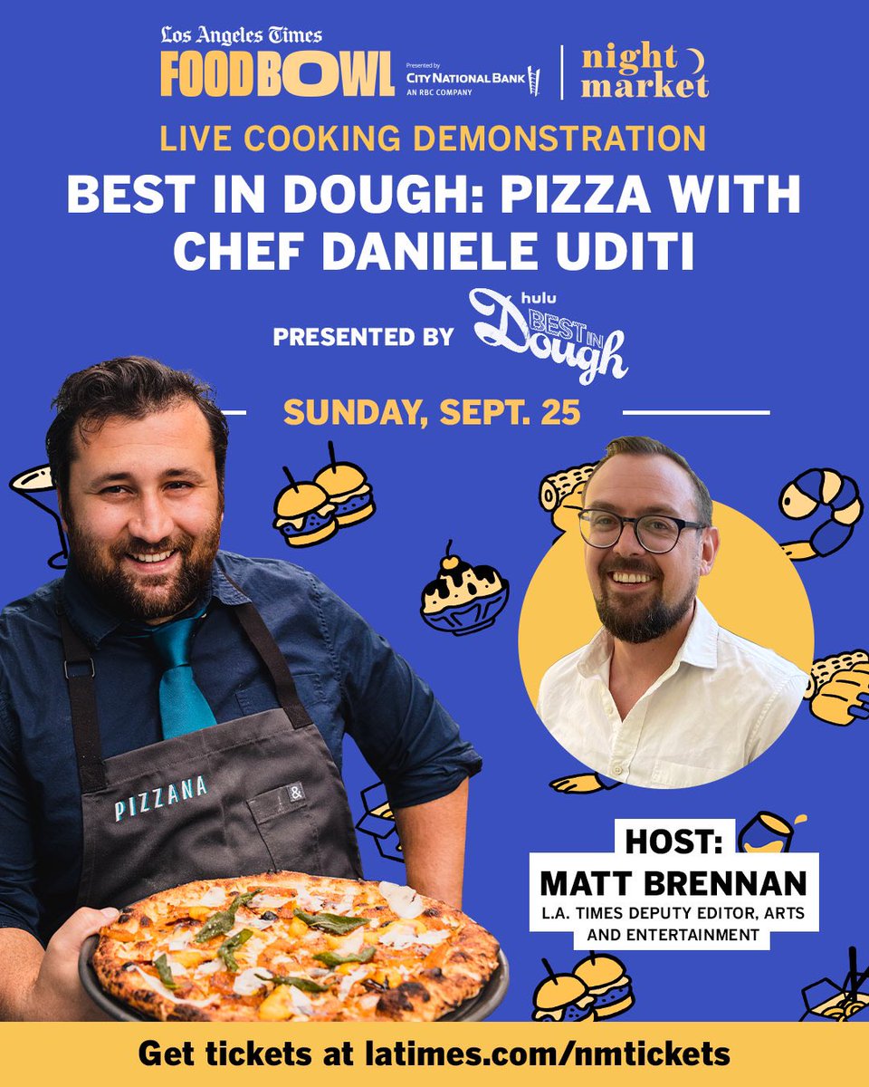 Next Sunday at #NightMarket, learn how to make pizza from the judge of @Hulu’s new “Best in Dough” pizza competition show and one of #LA’s greatest pizza chefs, <a href="/DanieleUditi/">Daniele Uditi</a> from <a href="/pizzana_la/">Pizzana</a>! 🍕🍕

Tickets on sale now at latimes.com/nmtickets! 🍕🍕 #lafoodbowl