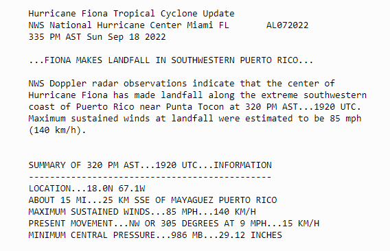 NWSSanJuan's tweet photo. Fiona toca tierra en el suroeste de Puerto Rico. 

EL Radar Doppler indicó que el centro del Huracán de Fiona ha tocado tierra a lo largo de la costa del suroeste  de PR cerca de Punta Tocon a las 3:20 PM AST. Vientos sostenidos estimados en 85 mph. https://t.co/1VZYLB1Xoc