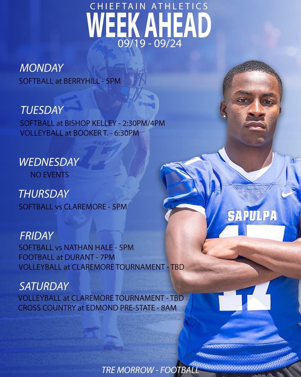 ChieftainAth's tweet photo. WEEK AHEAD🏈🏐🥎🏃

A very busy week in Chieftain Athletics! Softball with the only two home games of the week on Thursday and Friday.

#LiveByTheCode | #ChieftainStrong https://t.co/J6Va3uo2RU