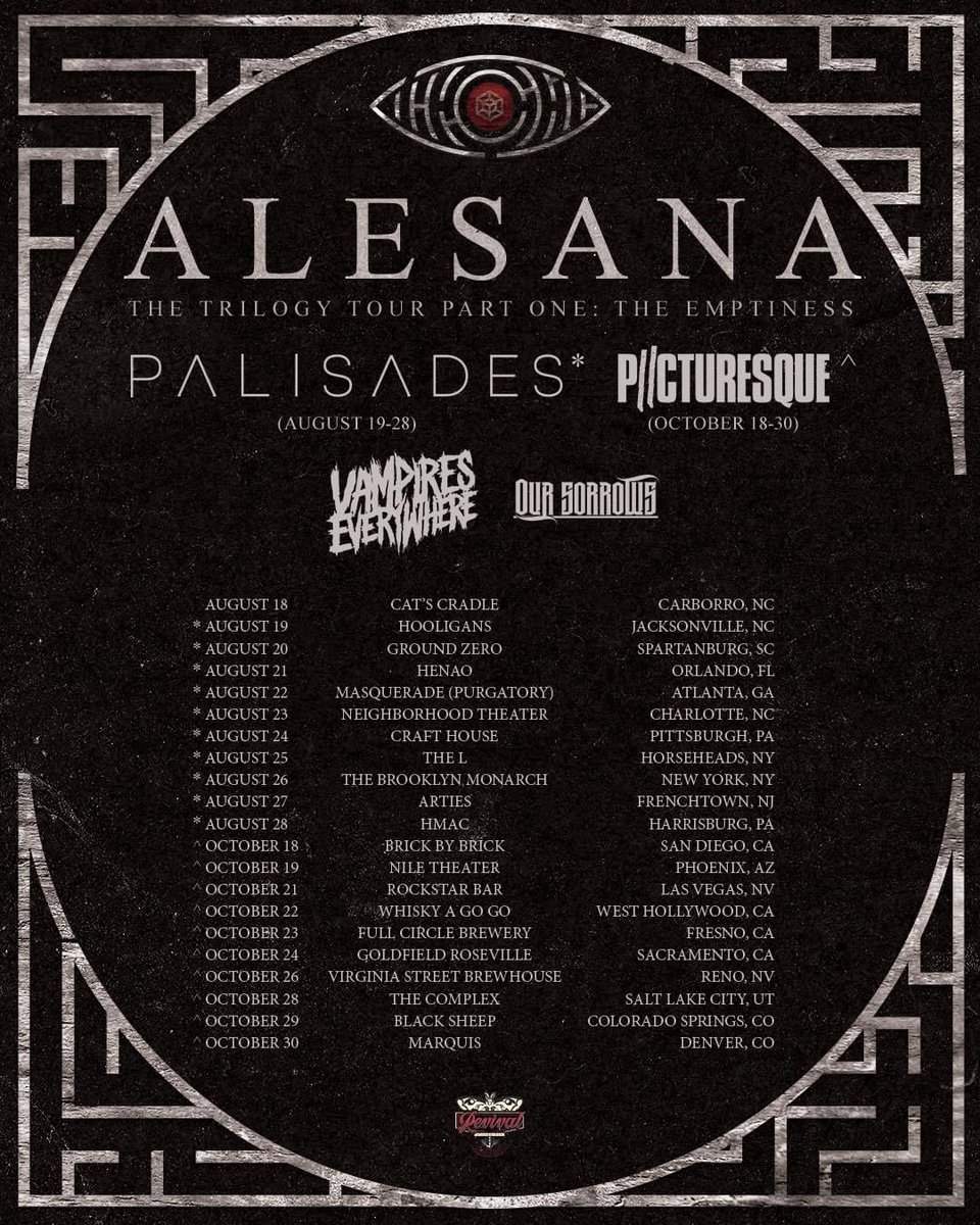 The one month countdown is on! The Trilogy Tour Part One: The Emptiness will be back in action on October 18th with @picturesqueband, @TherealVEband, and @OurSorrowsMusic 🤘🏼 Grab your tickets now! @Alesana