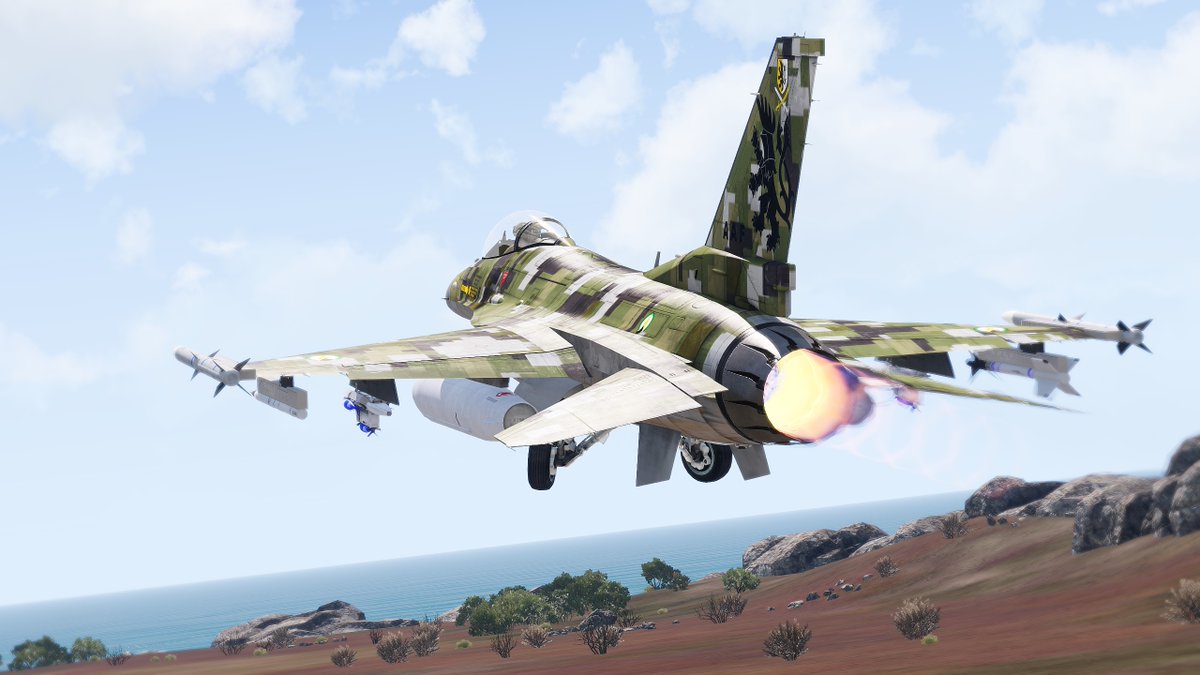 Viper1Zero's tweet photo. F-16C's from the New Altis Army TDY to Hebontes Military Training Ground for air-to-ground training. HMTG is one of the premier training facilities utilized by the AAF and NATO forces in the Mediterranean AOR. #Arma #Arma3 #XRAM @AEW_Mod https://t.co/xLPQljkkhS