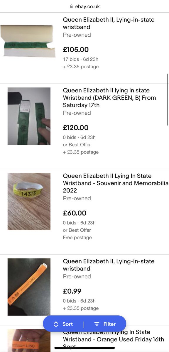 うわわ!エリザベス女王の棺の弔問行列(#lyinginstate)の入場整理券リストバンド、Ebayでこんなに売りに出されてる!!一番高値が付けられてるのは現在15万円。#あなたの知らないイギリス世界 