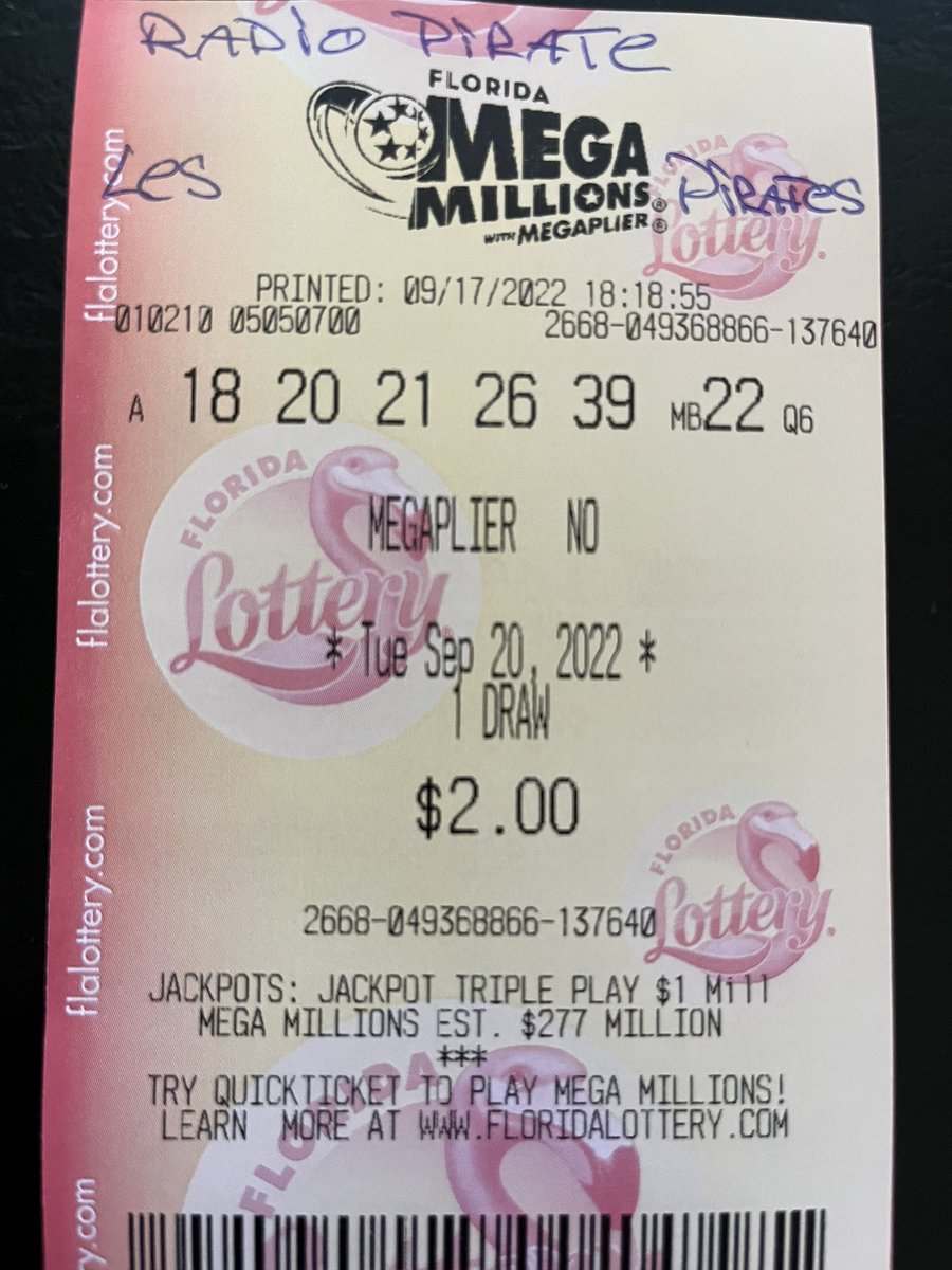 CarlSanson's tweet photo. Voici le nouveau billet du Mega Millions à 277M USD tirage mardi . Ce billet appartient aux pirates . LIKE ET PARTAGE pour être éligible. @radiopirate  #Freestylefriday #carlostrumpetpunisher vous pouvez aussi acheter votre billet direct : https://t.co/PwkruMcbj2 https://t.co/FOlsFD9H8t