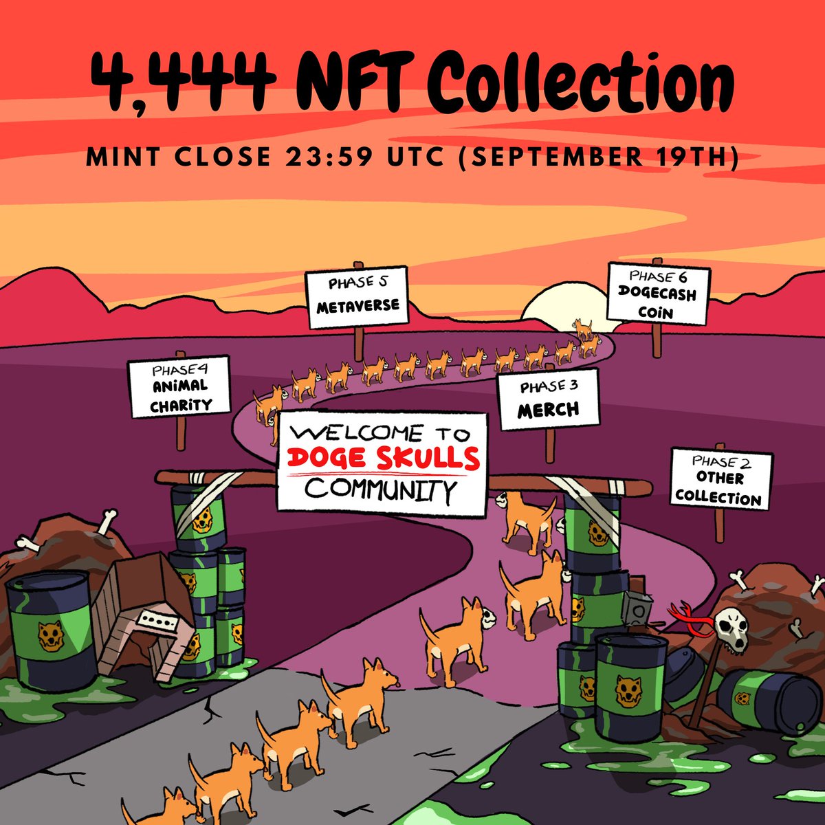 We'd like to announce that we've reduced the offer to 4,444 NFTs.

Mint will be available until 23:59 UTC, Sep 19th.

After the mint closes, holders with more than 8 DogeSkulls will receive 1 NFT airdrop. The order will be placed on the Discord Server.

Stay tuned and Just Hold!