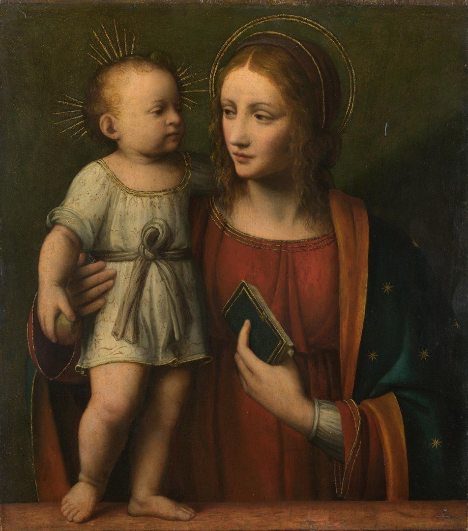 RyCzte's tweet photo. Madonna z Dzieciątkiem
ok.1490r. 49x44cm
Bernardino #Luini (warsztat)
Jabłko jako symbol upadku ludzkości odkupione przez Ukrzyżowanie. Mała zielona księga trzymana przez Dziewicę to prawdopodobnie Stary Testament, który zapowiada przyszłą ofiarę Chrystusa.
Londyn https://t.co/vIw1qWxkZw