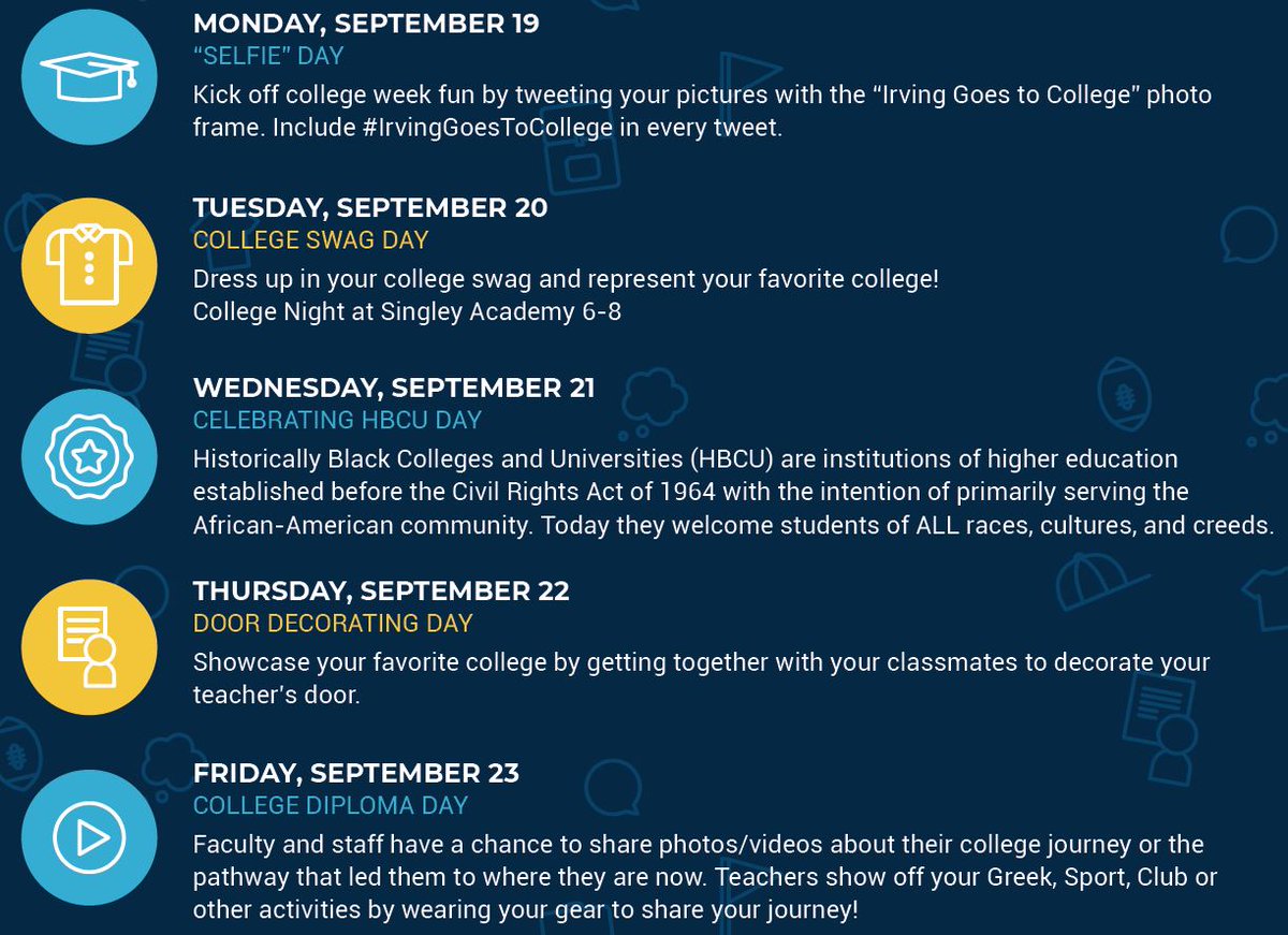 College Week 2022 starts on Monday! #IrvingGoestoCollege <a href="/SingleyAcademy/">Singley Academy</a>