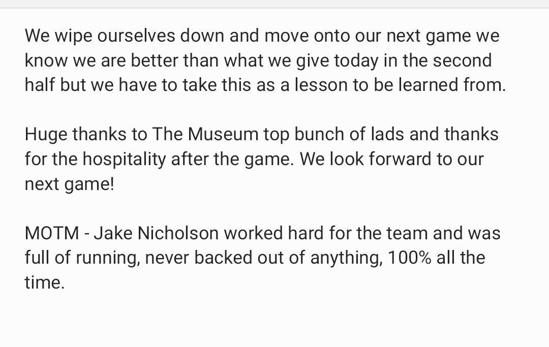 <a href="/Museum_Inn_Fc/">Museum Inn FC</a> 6 - 2 <a href="/1970Northbank/">Northbank 1970</a> 

We dust ourselves down and move onto the next game. Cheers Museum top bunch of lads.