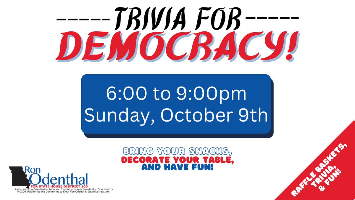 Tickets are still available! Join us for Trivia for Democracy! on October 9! 
#VoteBlue2022 #Missouri #MO #StCharlesMO #Roevember 

ronodenthal106.com/events