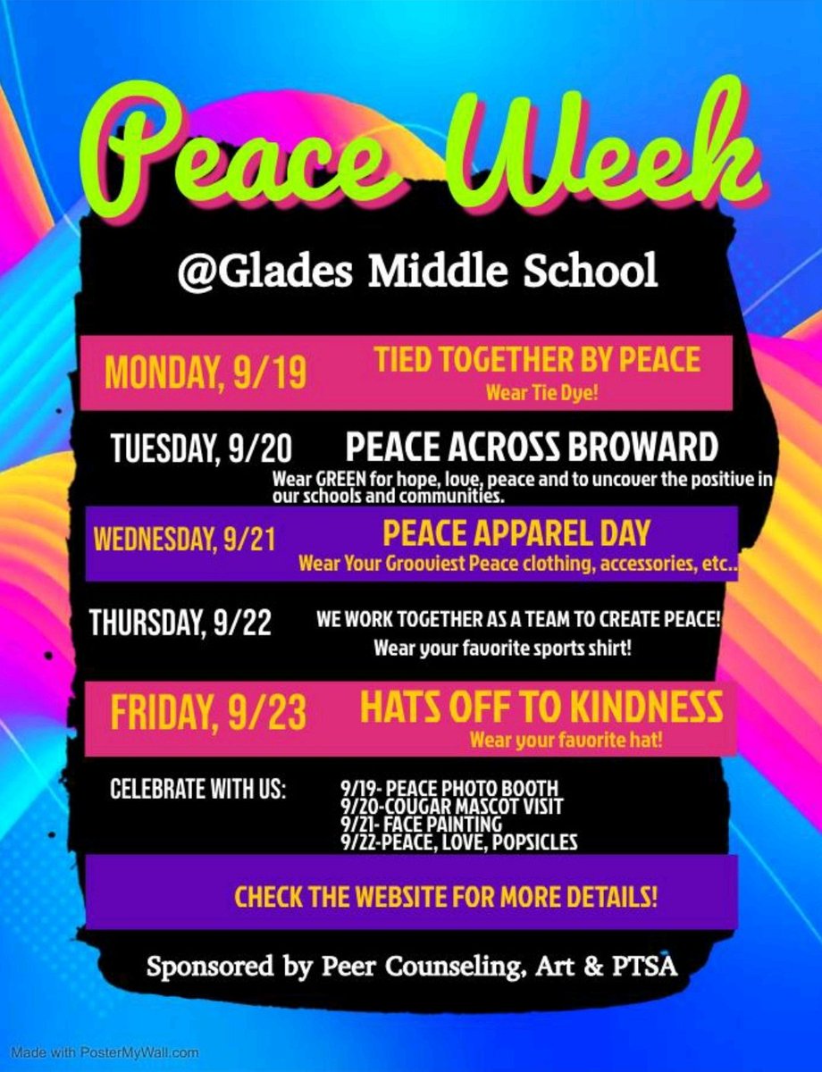 Glades_MS's tweet photo. Cougar Country! Please join us and celebrate Peace Week on 09/19- 09/23!! #WorkOurPlan #PridePassionPurpose https://t.co/6J9bFzpNHO