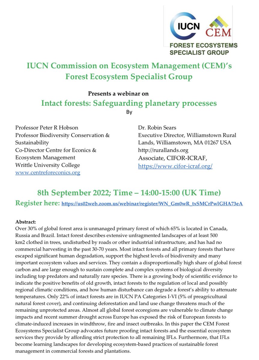 IUCN_CEMSAsia's tweet photo. ⁦@IUCN_CEM⁩ #ForestEcosystemSpecialistGroup webinar on Intact forests: Safeguarding planetary process. Join on 8th September 2022; Time – 14:00-15:00 (UK Time)

Register here:

https://t.co/lEsUATyzH9 https://t.co/HUIgBcfTfW