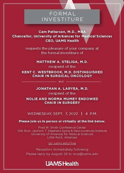 Matthew Steliga MD FACS (@steligamd) on Twitter photo I’m honored to be receiving the Westbrook Chair in Surgical Oncology tomorrow: 9/7/22 at 4pm CT go.uams.edu/live Dr. J. Laryea <a href="/blessjelmd/">Jonathan Laryea</a> will receive the Mumey Endowed Chair in Surgery as well! Looking forward to doing great things for Arkansas. <a href="/UAMS_Surgery/">UAMS Department of Surgery</a> I’m honored to be receiving the Westbrook Chair in Surgical Oncology tomorrow: 9/7/22 at 4pm CT go.uams.edu/live Dr. J. Laryea <a href="/blessjelmd/">Jonathan Laryea</a> will receive the Mumey Endowed Chair in Surgery as well! Looking forward to doing great things for Arkansas. <a href="/UAMS_Surgery/">UAMS Department of Surgery</a>