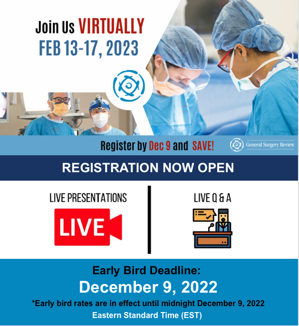 GenSurgReview's tweet photo. Join us at the 2023 General Surgery Review Program February 13-17, 2023.
Register by December 9, 2022 Midnight (EST) to receive the early bird discount
For more information: https://t.co/ZbFYeFpXIr
#generalsurgery #generalsurgeon #GeneralSur #PGY5 #education https://t.co/12x9HnOMzb