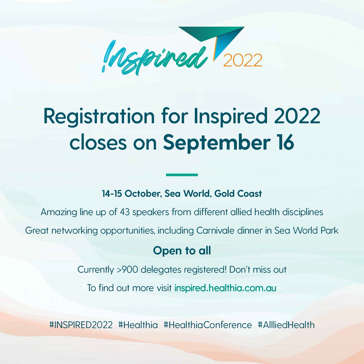 &lt;6 wks to our Inspired 2022 Conference. Was postponed in 2020 and 2021 so very much looking fwd to catching up F2F on the beautiful Gold Coast! So very grateful that our fabulous speakers have been committed for such a long time! Open to all :) inspired.healthia.com.au