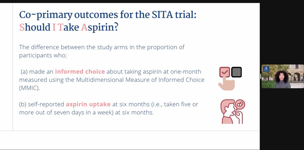 #UMCCRSeminar Decision Aids are commonly used in general practice. @ShakiraMilton and the Primary Care team decided to apply this as part of their SITA (Should I Take Aspirin?) trial to communicate their research to reduce #BowelCancer