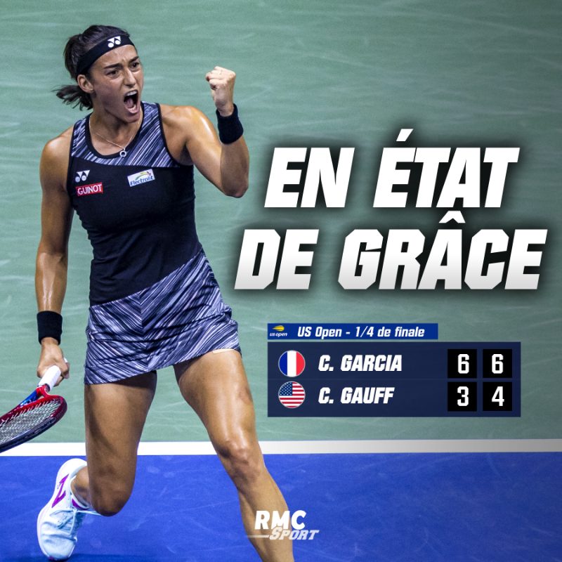 RMCsport's tweet photo. 🇫🇷 IMMENSE CAROLINE GARCIA ! La Française se qualifie en demies de l'#USOpen pour la première fois de sa carrière en détruisant Coco Gauff (6-3, 6-4). Elle atteint pour la première fois le dernier carré d'un Grand Chelem et sera opposée à Ons Jabeur pour une place en finale.