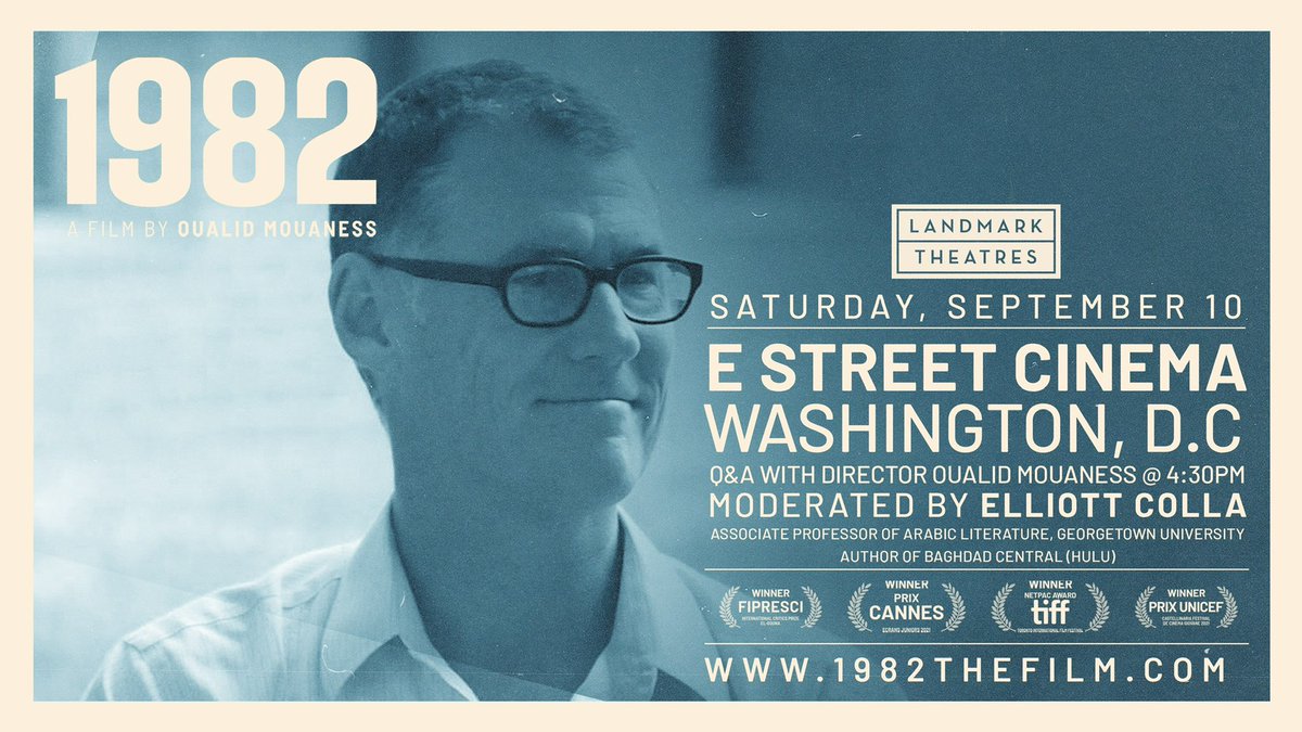 WASHINGTON DC — join us this weekend for discussions on <a href="/1982Movie/">1982 The FILM</a> <a href="/EStreetCinema/">E Street Cinema</a>  — looking forward to this discussion with with @ElliottColla .
<a href="/arabfilmmedia/">Arab Film & Media Institute</a> <a href="/ArteEast/">ArteEast</a> <a href="/KhayrallahNCSU/">Khayrallah Center</a> <a href="/FSUFilm/">FSU College of Motion Picture Arts</a> <a href="/LAU_Alumni/">LAU Alumni</a> <a href="/LAUNYHQ/">LAU New York</a> <a href="/IsilB/">Isil Bagdadi</a> <a href="/MorningEdition/">Morning Edition</a> <a href="/AlifInstitute/">Alif Institute</a> <a href="/DCPFAF/">DC Palestinian Film and Arts Festival</a> <a href="/filmfestDC/">FilmfestDC</a>